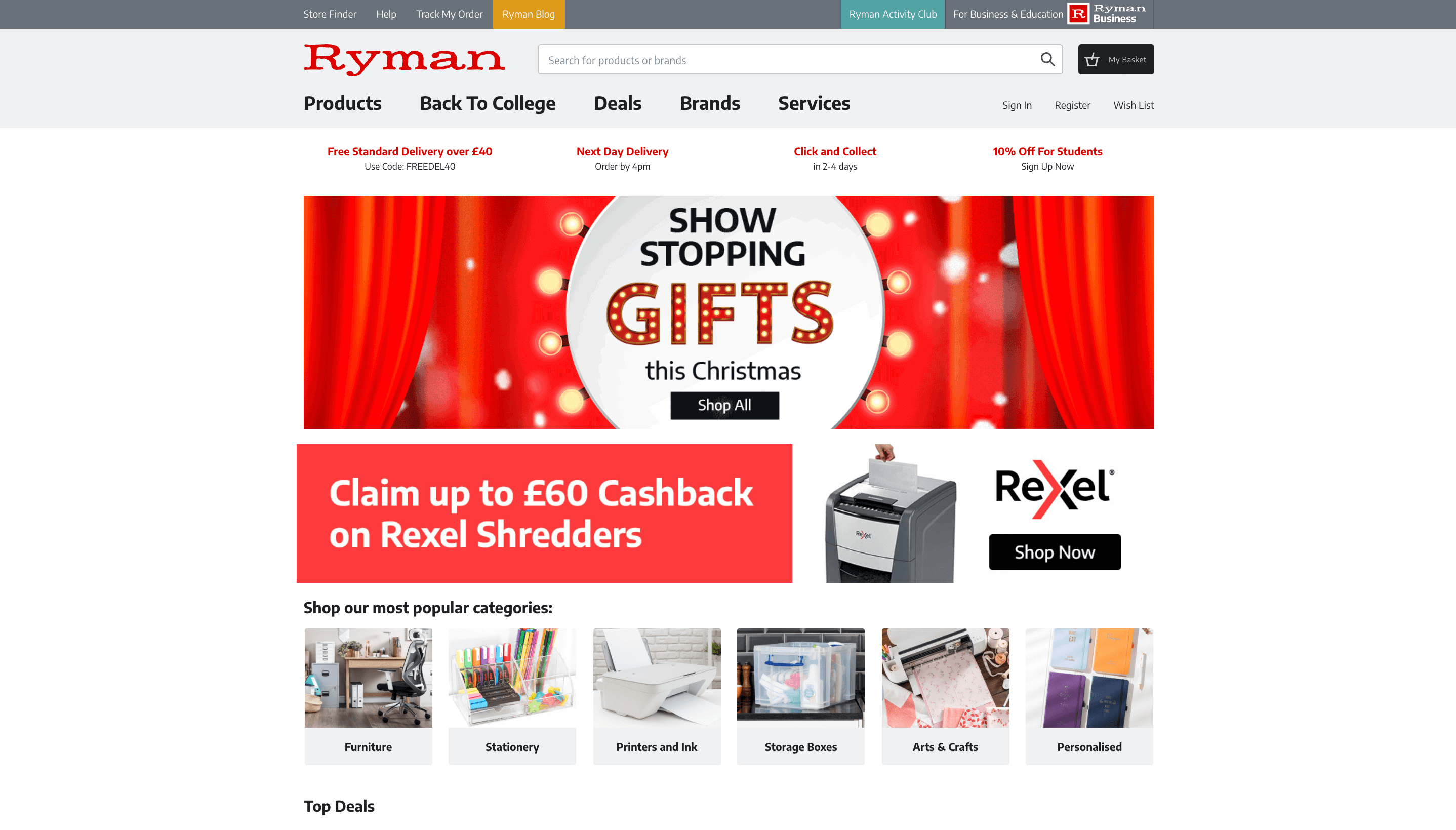 screenshot of ryman homepage