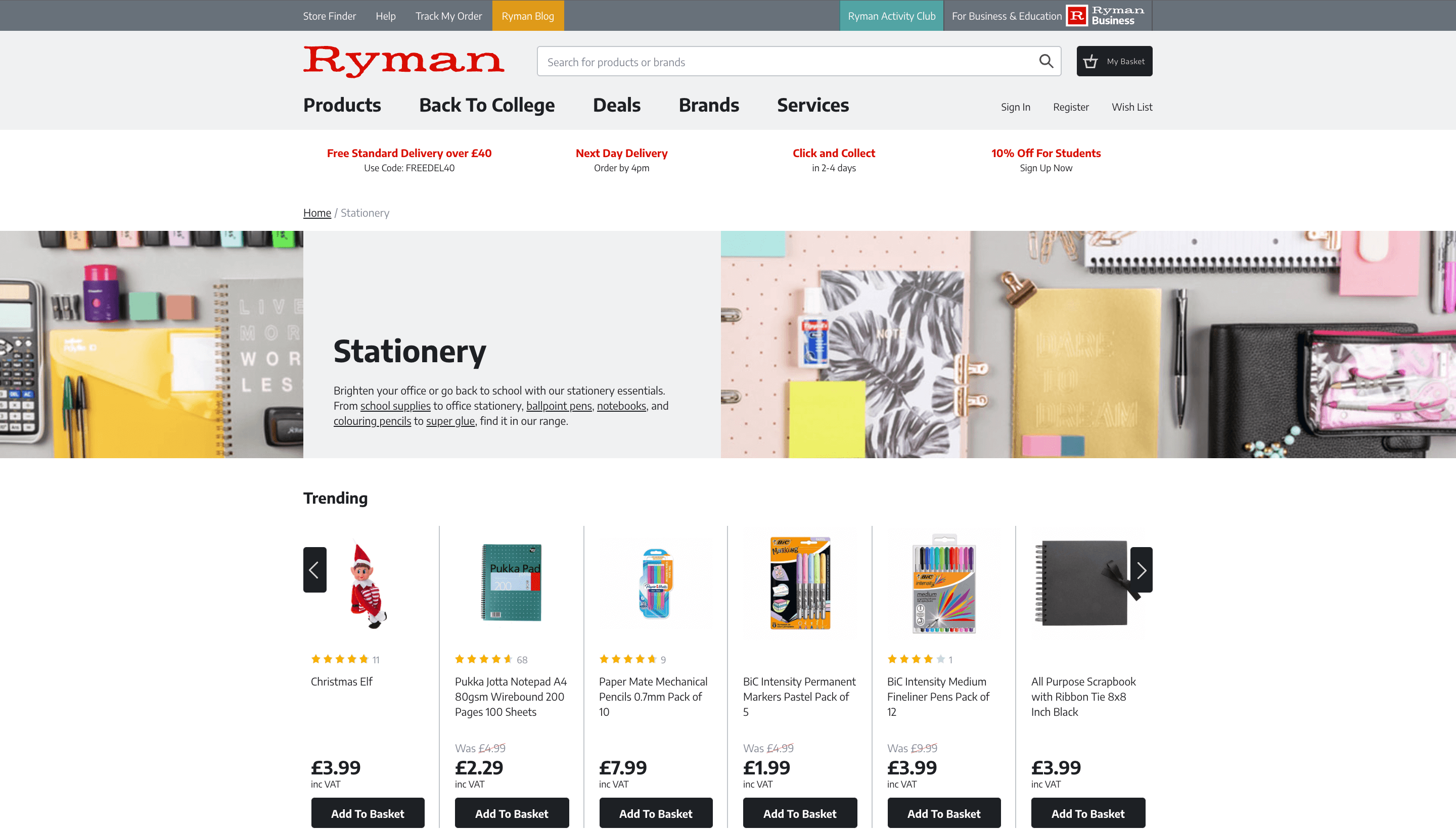 screenshot of Ryman website