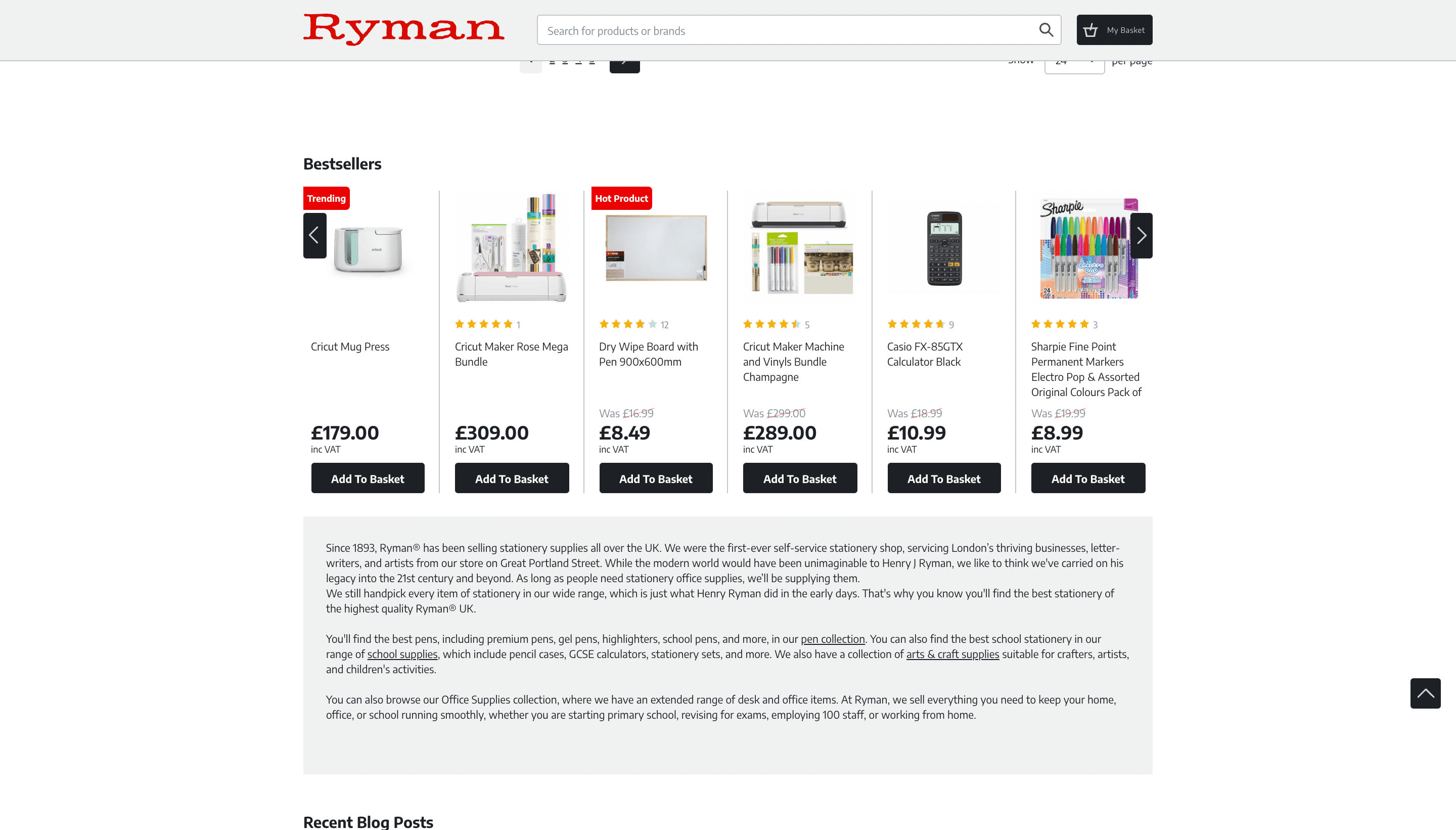 screenshot of ryman website